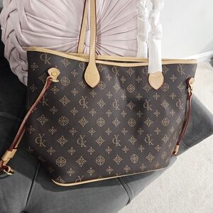 Dark Brown Monogram Tote with Tan Trim and Red-Brown Accents